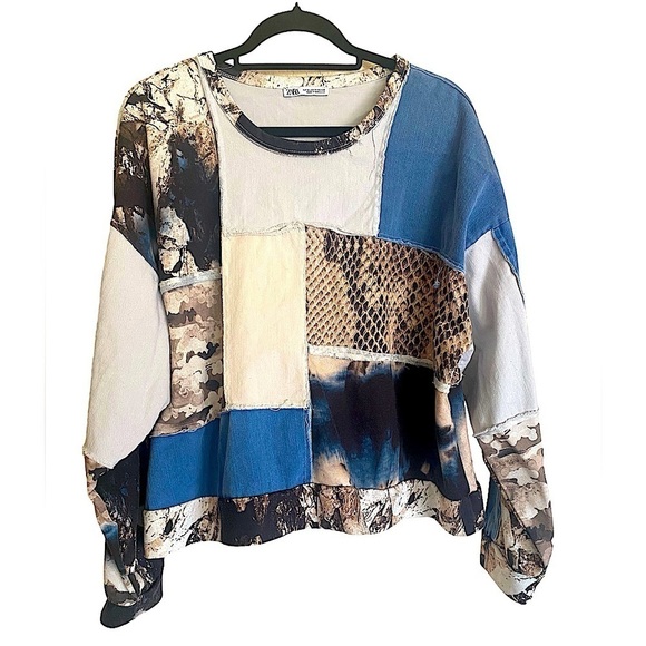 ZARA Patchwork Animal Print Top Women’s Size Medium Boho Retro Loose Fit… - Picture 2 of 11